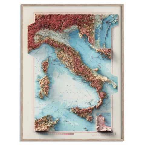 Italy, Topographic map - 1967, 2D printed shaded relief map with 3D effect of a 1967 topographic map of Italy. Shop our beautiful fine art printed maps on supreme Cotton paper. Vintage maps digitally restored and enhanced with a 3D effect. VizCart from Vizart