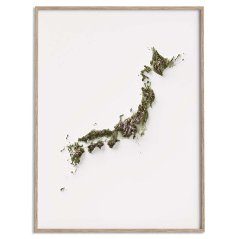 Japan, Elevation tint - Geo, 2D printed shaded relief map with 3D effect of Japan with geo hypsometric tint. Shop our beautiful fine art printed maps on supreme Cotton paper. Vintage maps digitally restored and enhanced with a 3D effect. VizCart from Vizart