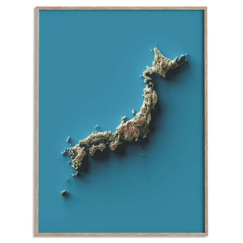 Japan, Elevation tint - Geolight, 2D printed shaded relief map with 3D effect of Japan with geo hypsometric tint. Shop our beautiful fine art printed maps on supreme Cotton paper. Vintage maps digitally restored and enhanced with a 3D effect. VizCart from Vizart