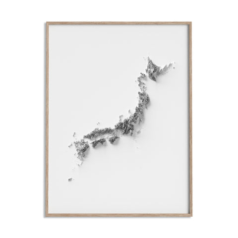Japan, Elevation tint - White, 2D printed shaded relief of hypsometric map with 3D effect of Japan with monochrome white tint. Shop our beautiful fine art printed maps on supreme Cotton paper. Vintage maps digitally restored and enhanced with a 3D effect. VizCart from Vizart