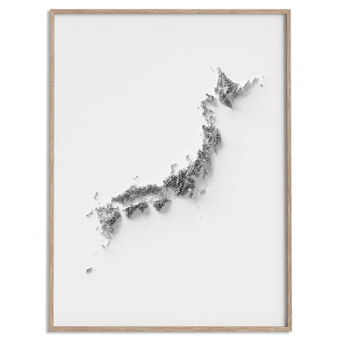 Japan, Elevation tint - White, 2D printed shaded relief of hypsometric map with 3D effect of Japan with monochrome white tint. Shop our beautiful fine art printed maps on supreme Cotton paper. Vintage maps digitally restored and enhanced with a 3D effect. VizCart from Vizart