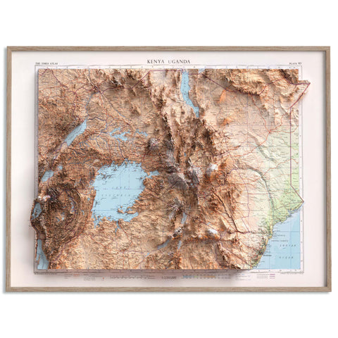 Kenya Uganda, Topographic map - 1956, 2D printed shaded relief map with 3D effect of a 1956 topographic map of Kenya and Uganda. Shop our beautiful fine art printed maps on supreme Cotton paper. Vintage maps digitally restored and enhanced with a 3D effect VizCart from Vizart