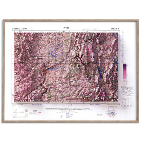 Lyon (France) 1943 topographic restored antique shaded relief map print on fine art paper framed