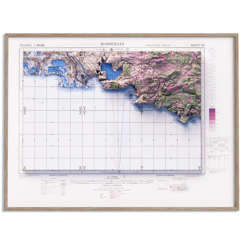 Marseilles (France), Topographic map - 1943, 2D printed shaded relief map with 3D effect of a 1943 topographic map of Marseilles (France). Shop our beautiful fine art printed maps on supreme Cotton paper. Vintage maps digitally restored and enhanced with a 3D effect. VizCart from Vizart