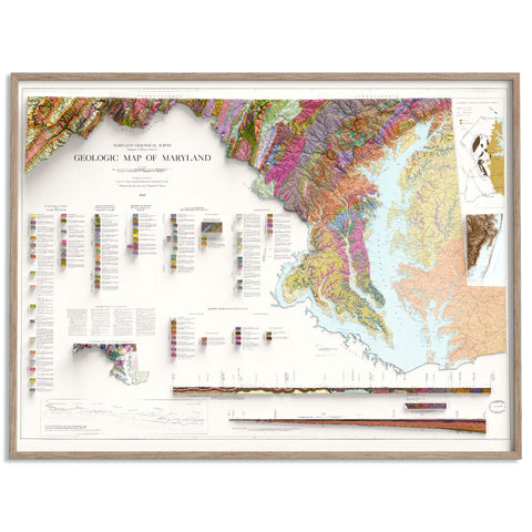 Maryland, Geological map - 1968, 2D printed shaded relief map with 3D effect of a 1968 geologic map of Maryland (USA). Shop our beautiful fine art printed maps on supreme Cotton paper. Vintage maps digitally restored and enhanced with a 3D effect. VizCart from Vizart