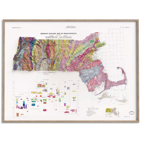 Massachusetts, Geological map - 1983, 2D printed shaded relief map with 3D effect of a 1983 geologic map of Massachusetts (USA). Shop our beautiful fine art printed maps on supreme Cotton paper. Vintage maps digitally restored and enhanced with a 3D effect. VizCart from Vizart