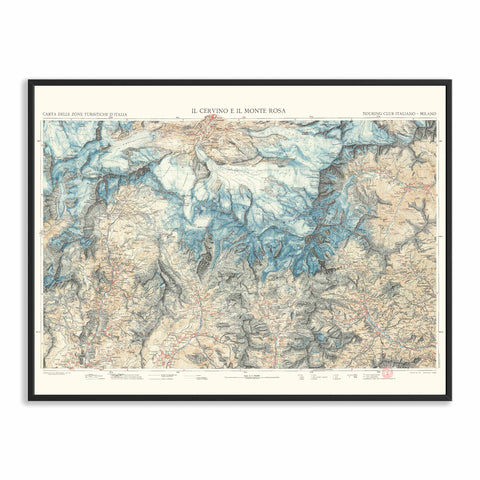 Matterhorn and Mt Rosa (Italy) 1928 topographic digitally restored map reprint on fine art paper with frame