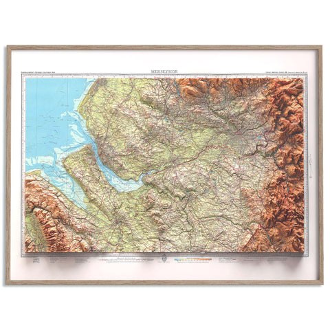 Merseyside (England, UK), Topographic map - 1941, 2D printed shaded relief map with 3D effect of a 1941 topographic map of Merseyside (UK). Shop our beautiful fine art printed maps on supreme Cotton paper. Vintage maps digitally restored and enhanced with a 3D effect. VizCart from Vizart