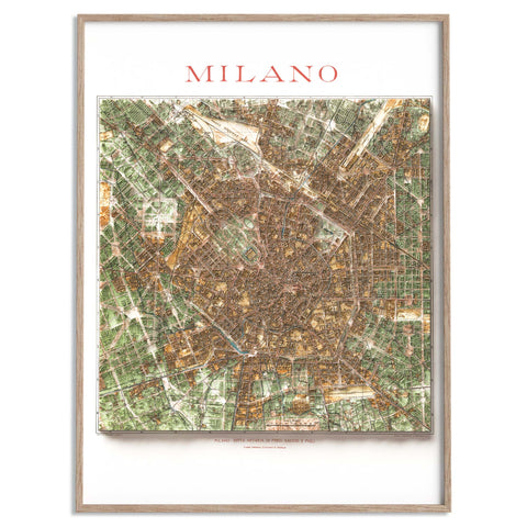 Milan (Italy) 1910 city restored antique shaded relief map print on fine art paper framed