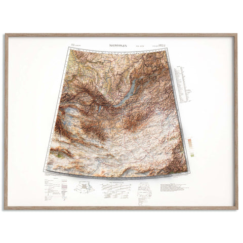 Mongolia, Topographic map - 1931, 2D printed shaded relief map with 3D effect of a 1931 topographic map of Mongolia. Shop our beautiful fine art printed maps on supreme Cotton paper. Vintage maps digitally restored and enhanced with a 3D effect. VizCart from Vizart