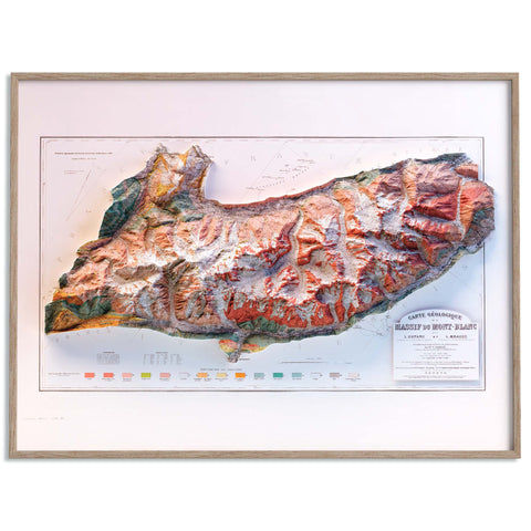 Mt Blanc, Geological map - 1898, 2D printed shaded relief map with 3D effect of a 1898 geological map of Mt Blanc. Shop our beautiful fine art printed maps on supreme Cotton paper. Vintage maps digitally restored and enhanced with a 3D effect. VizCart from Vizart