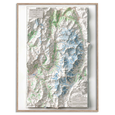 Mt Blanc (France, Italy, Switzerland), Topographic map - 1946, 2D printed shaded relief map with 3D effect of a 1946 topographic map of Mont Blanc. Shop our beautiful fine art printed maps on supreme Cotton paper. Vintage maps digitally restored and enhanced with a 3D effect. VizCart from Vizart