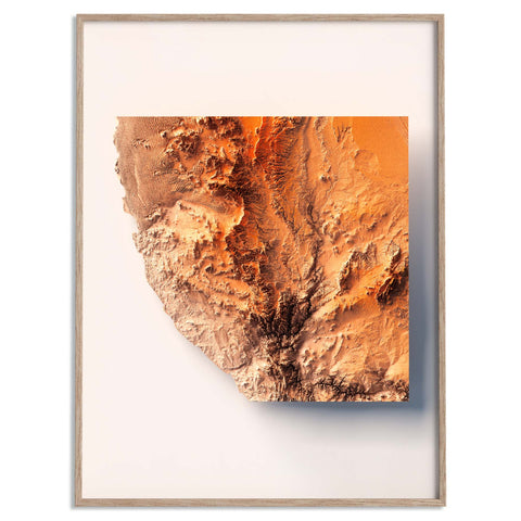 Namib Desert (Namibia), Elevation tint - Red, 2D printed shaded relief map with 3D effect of Namib desert (Namibia) with red hypsometric tint. Shop our beautiful fine art printed maps on supreme Cotton paper. Vintage maps digitally restored and enhanced with a 3D effect. VizCart from Vizart