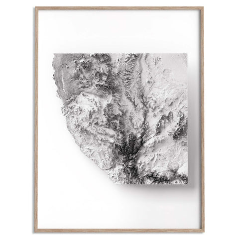 Namib Desert (Namibia), Elevation tint - White, 2D printed shaded relief map with 3D effect of Namib desert (Namibia) with monochrome white tint. Shop our beautiful fine art printed maps on supreme Cotton paper. Vintage maps digitally restored and enhanced with a 3D effect. VizCart from Vizart