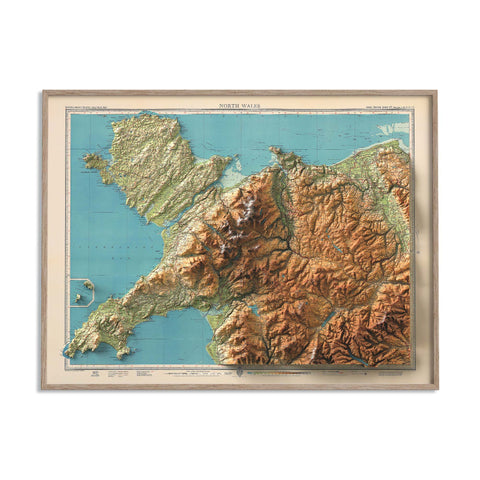 North Wales (Wales, UK), Topographic map - 1941, 2D printed shaded relief map with 3D effect of a 1941 topographic map of North Wales (Wales, UK). Shop our beautiful fine art printed maps on supreme Cotton paper. Vintage maps digitally restored and enhanced with a 3D effect., VizCart from Vizart
