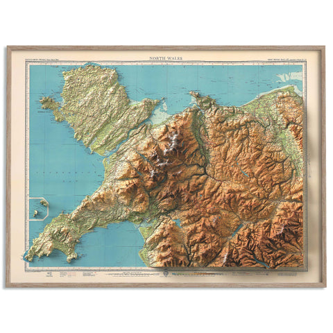 North Wales (Wales, UK), Topographic map - 1941, 2D printed shaded relief map with 3D effect of a 1941 topographic map of North Wales (Wales, UK). Shop our beautiful fine art printed maps on supreme Cotton paper. Vintage maps digitally restored and enhanced with a 3D effect. VizCart from Vizart