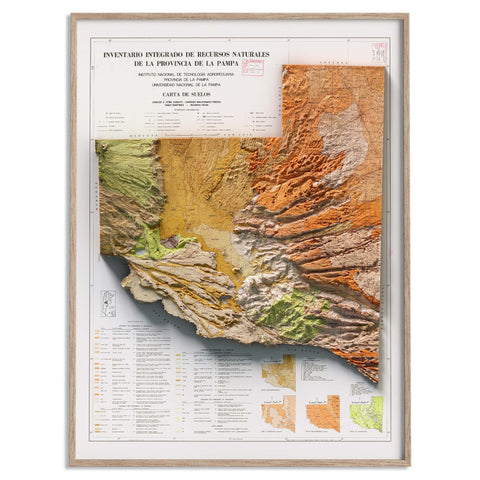 Pampas (Argentina), Soil map - 1976, 2D printed shaded relief map with 3D effect of a 1976 soil map of Pampas province (Argentina). Shop our beautiful fine art printed maps on supreme Cotton paper. Vintage maps digitally restored and enhanced with a 3D effect. VizCart from Vizart