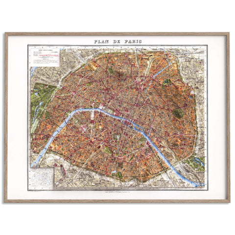 Paris (France) 1916 city restored antique shaded relief map print on fine art paper framed