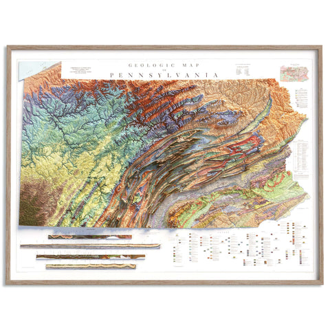 Pennsylvania, Geological map - 1960, 2D printed shaded relief map with 3D effect of a 1960 geologic map of Pennsylvania (USA). Shop our beautiful fine art printed maps on supreme Cotton paper. Vintage maps digitally restored and enhanced with a 3D effect. VizCart from Vizart.