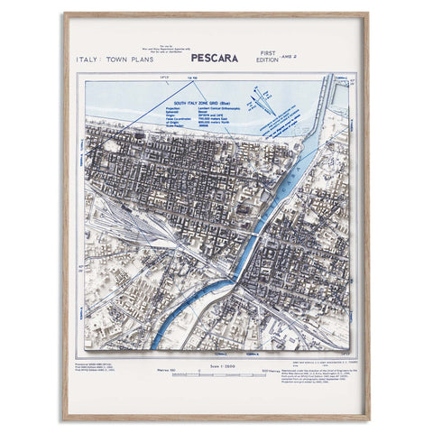 Pescara (Italy) 1944 city restored antique shaded relief map print on fine art paper framed