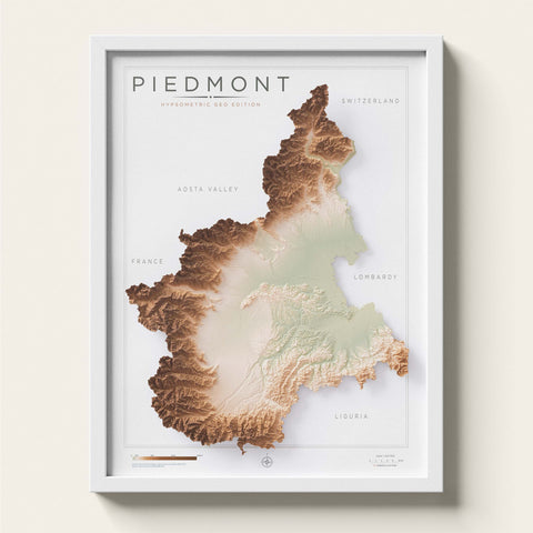Piedmont (Italy) geo shaded relief elevation map printed on fine art paper framed