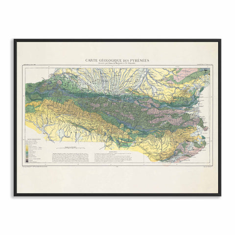 Pyrenees 1891 geological digitally restored map reprint on fine art paper with frame