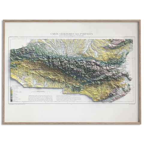 Pyrenees, Geological map - 1891, 2D printed shaded relief map with 3D effect of a 1891 geological map of Pyrenees (France, Spain). Shop our beautiful fine art printed maps on supreme Cotton paper. Vintage maps digitally restored and enhanced with a 3D effect. VizCart from Vizart