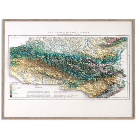Pyrenees 1891 geological restored antique shaded relief map print on fine art paper framed