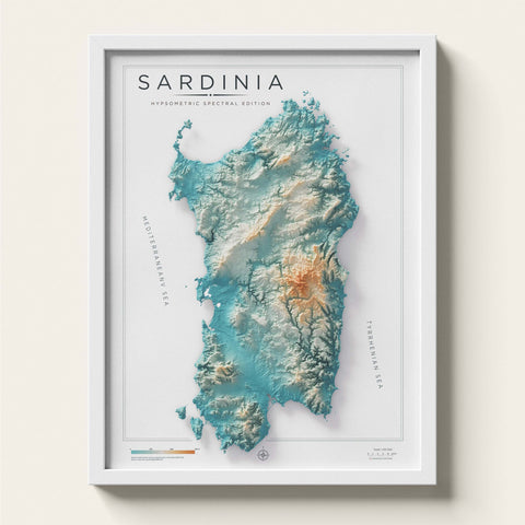 Sardinia (Italy) spectral shaded relief elevation map printed on fine art paper framed