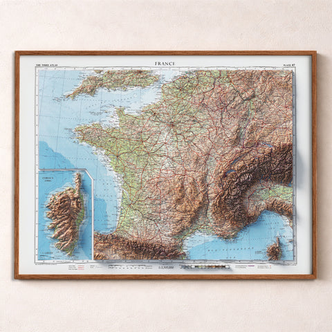 France 1955 topographic restored antique shaded relief map print on fine art paper framed. Second Chance 25% off
