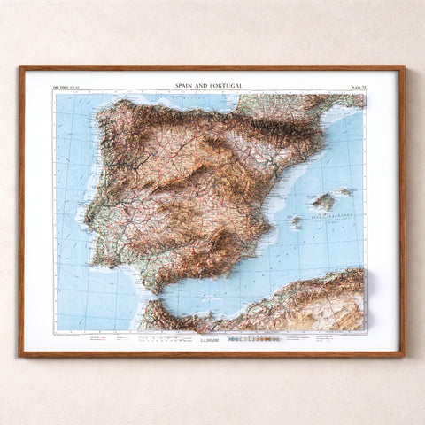 Iberian Peninsula 1956 topographic restored antique shaded relief map print on fine art paper framed. Second Chance 25% off