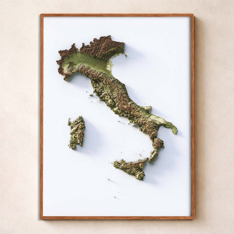 Italy geo shaded relief elevation map printed on fine art paper framed. Second Chance 25% off