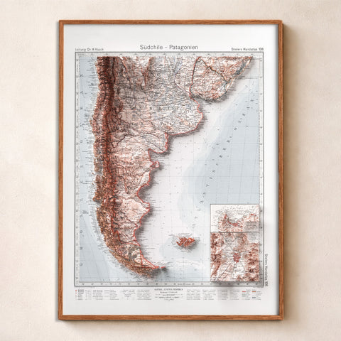 Patagonia 1925 topographic restored antique shaded relief map print on fine art paper framed. Second Chance 25% off