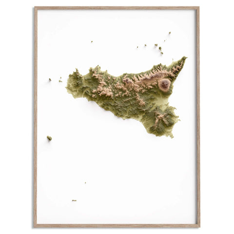 Sicily (Italy), Elevation tint - Geo, 2D printed shaded relief map with 3D effect of Sicily (Italy) with geo hypsometric tint. Shop our beautiful fine art printed maps on supreme Cotton paper. Vintage maps digitally restored and enhanced with a 3D effect. VizCart from Vizart