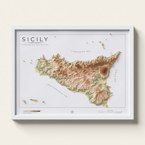 Sicily (Italy) geo shaded relief elevation map printed on fine art paper framed