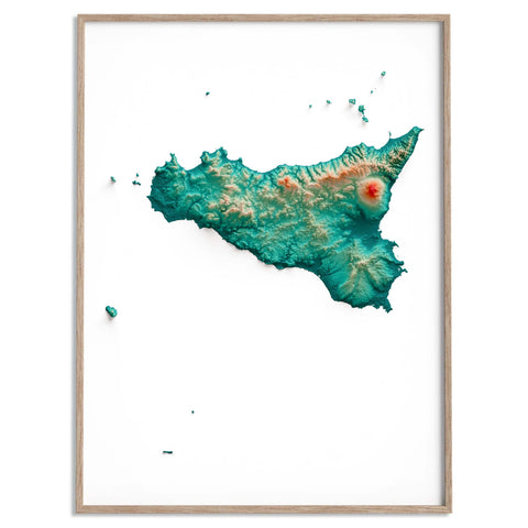 Sicily (Italy), Elevation tint - Spectral, 2D printed shaded relief map with 3D effect of Sicily (Italy) with spectral hypsometric tint. Shop our beautiful fine art printed maps on supreme Cotton paper. Vintage maps digitally restored and enhanced with a 3D effect. VizCart from Vizart