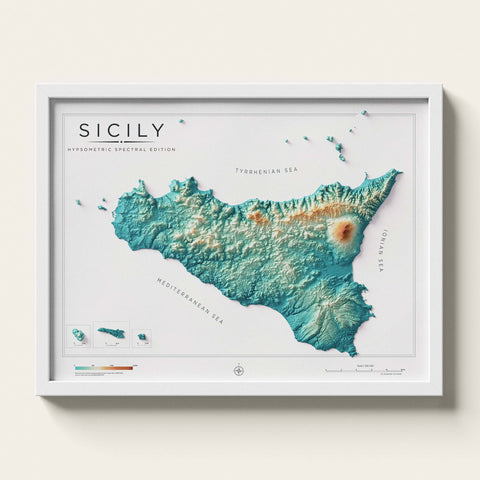Sicily (Italy) spectral shaded relief elevation map printed on fine art paper framed