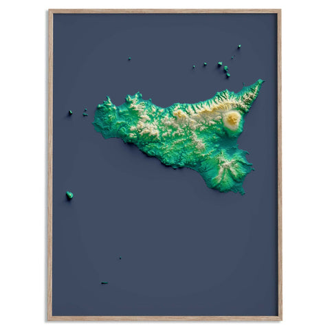 Sicily (Italy), Elevation tint - Viridis, 2D printed shaded relief map with 3D effect of Sicily (Italy) with viridis hypsometric tint. Shop our beautiful fine art printed maps on supreme Cotton paper. Vintage maps digitally restored and enhanced with a 3D effect. VizCart from Vizart