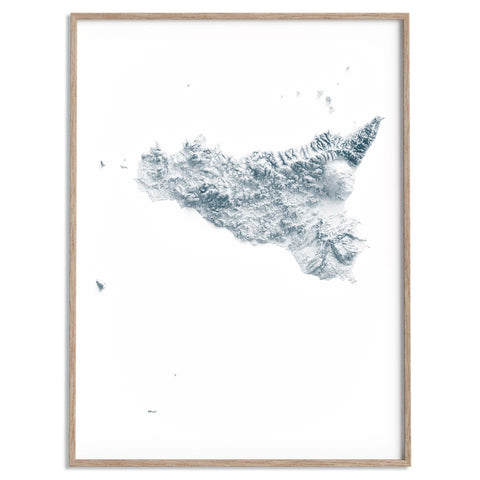 Sicily (Italy), Elevation tint - White, 2D printed shaded relief map with 3D effect of Sicily (Italy) with white hypsometric tint. Shop our beautiful fine art printed maps on supreme Cotton paper. Vintage maps digitally restored and enhanced with a 3D effect. VizCart from Vizart