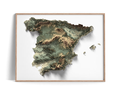 Spain, Elevation tint - Geo, 2D printed shaded relief map with 3D effect of Spain with geo hypsometric tint. Shop our beautiful fine art printed maps on supreme Cotton paper. Vintage maps digitally restored and enhanced with a 3D effect., VizCart from Vizart