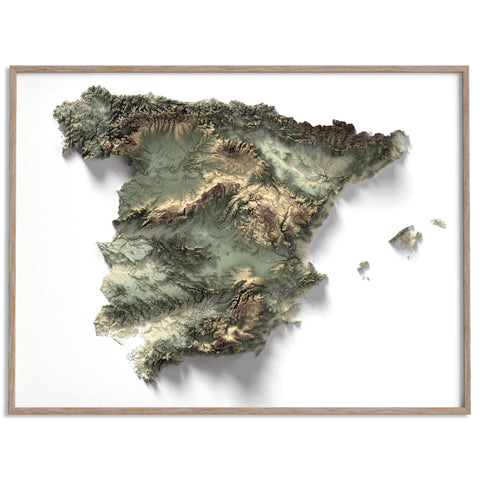 Spain, Elevation tint - Geo, 2D printed shaded relief map with 3D effect of Spain with geo hypsometric tint. Shop our beautiful fine art printed maps on supreme Cotton paper. Vintage maps digitally restored and enhanced with a 3D effect. VizCart from Vizart