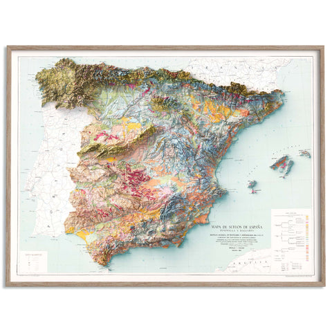 Spanish peninsula and Baleares (Spain), Soil map - 1966, 2D printed shaded relief map with 3D effect of a 1966 soil map of Spain peninsula and Baleares. Shop our beautiful fine art printed maps on supreme Cotton paper. Vintage maps digitally restored and enhanced with a 3D effect. VizCart from Vizart