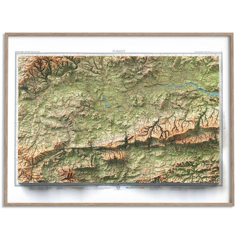 Surrey (England, UK), Topographic map - 1942, 2D printed shaded relief map with 3D effect of a 1942 topographic map of Surrey (UK). Shop our beautiful fine art printed maps on supreme Cotton paper. Vintage maps digitally restored and enhanced with a 3D effect. VizCart from Vizart