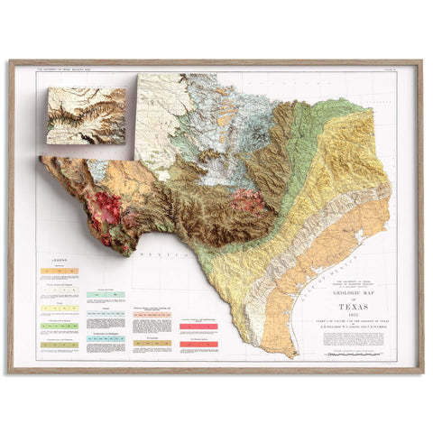 Texas, Geological map - 1933, 2D printed shaded relief map with 3D effect of a 1933 geologic map of Texas (USA). Shop our beautiful fine art printed maps on supreme Cotton paper. Vintage maps digitally restored and enhanced with a 3D effect. VizCart from Vizart