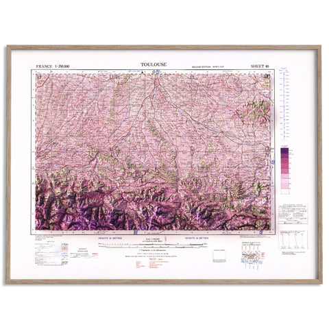 Toulouse (France), Topographic map - 1943, 2D printed shaded relief map with 3D effect of a 1943 topographic map of Toulouse (France). Shop our beautiful fine art printed maps on supreme Cotton paper. Vintage maps digitally restored and enhanced with a 3D effect. VizCart from Vizart