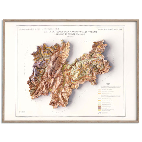 Trentino (Italy), Soil map - 1965, 2D printed shaded relief map with 3D effect of a 1965 soil map of Trentino (Italy). Shop our beautiful fine art printed maps on supreme Cotton paper. Vintage maps digitally restored and enhanced with a 3D effect. VizCart from Vizart