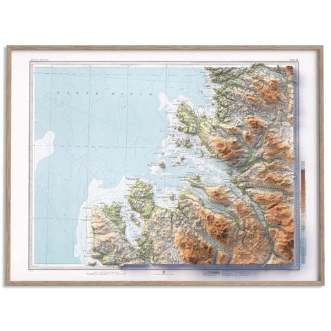 Ullapool (Scotland, UK), Topographic map - 1912, 2D printed shaded relief map with 3D effect of a 1912 topographic map of Ullapool and Lochinver (Scotland, UK). Shop our beautiful fine art printed maps on supreme Cotton paper. Vintage maps digitally restored and enhanced with a 3D effect. VizCart from Vizart