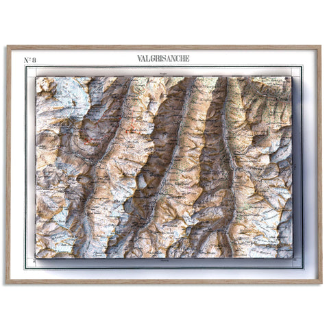 Valgrisenche (Italy), Topographic map - 1899, 2D printed shaded relief map with 3D effect of a 1899 topographic map of Valgrisenche (Aosta Valley, Italy). Shop our beautiful fine art printed maps on supreme Cotton paper. Vintage maps digitally restored and enhanced with a 3D effect. VizCart from Vizart