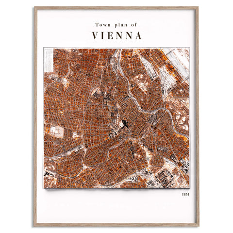 Vienna (Austria) 1934 city restored antique shaded relief map print on fine art paper framed