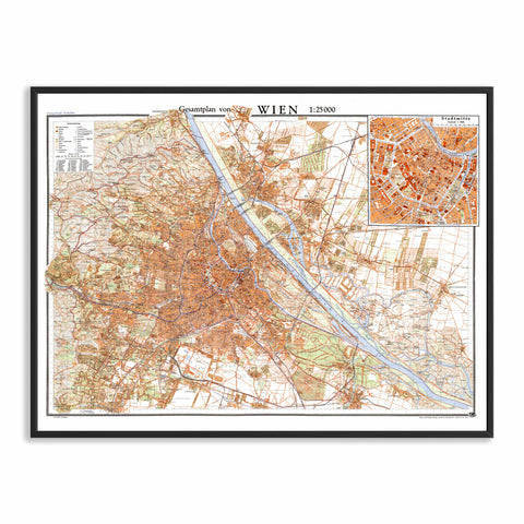 Vienna (Austria) 1948 city digitally restored map reprint on fine art paper with frame
